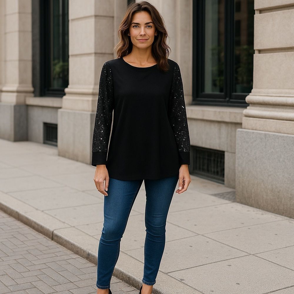 Black Sequin Sleeve Women's‎ Top